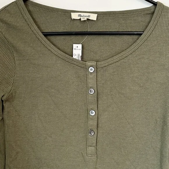 NWT Madewell Olive Green Waffle-Knit Scoopneck Henley Tee - XXS - Picture 3 of 8